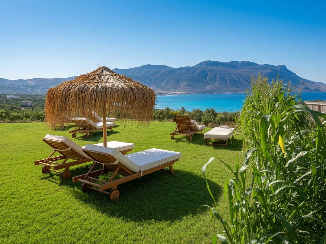 Sun loungers on the lush garden lawn at NUSA Balos